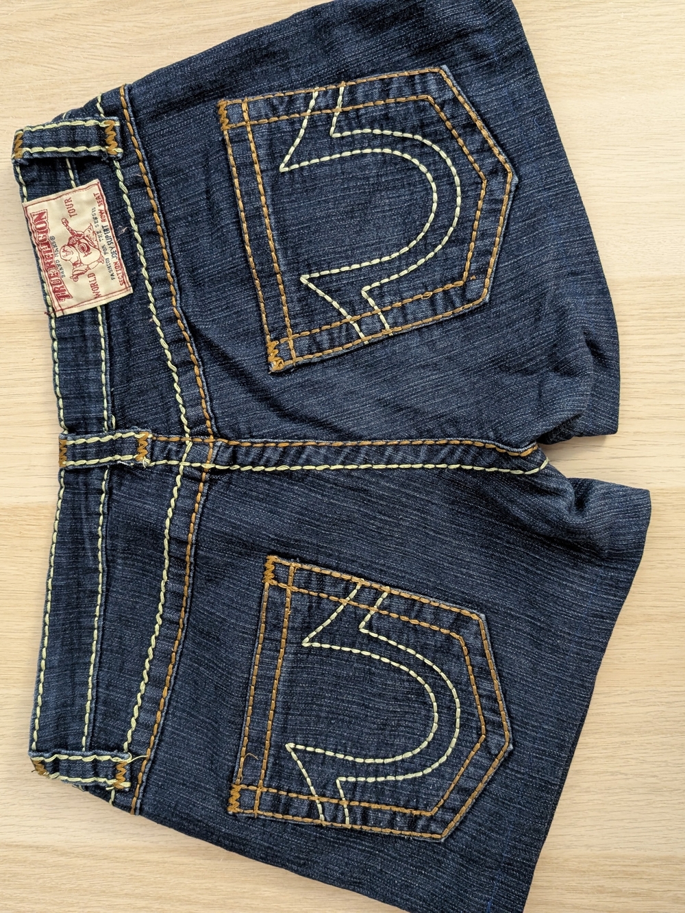 True Religion Dark Blue Denim Relaxed Shorts with Contrast Stitching